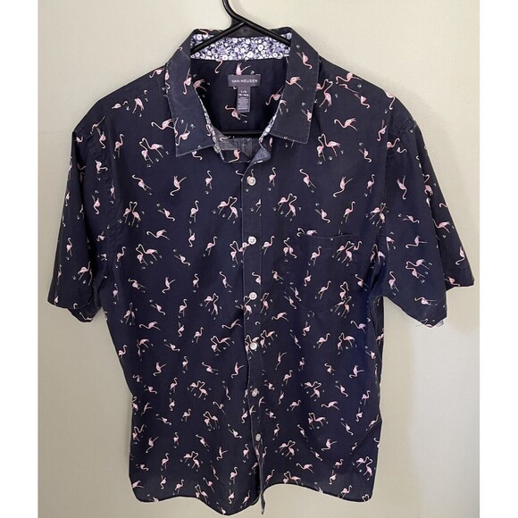 Van Heusen Men's Button Down Short Sleeve Casual Gray Shirt Pink Flamingos Large - Picture 1 of 6